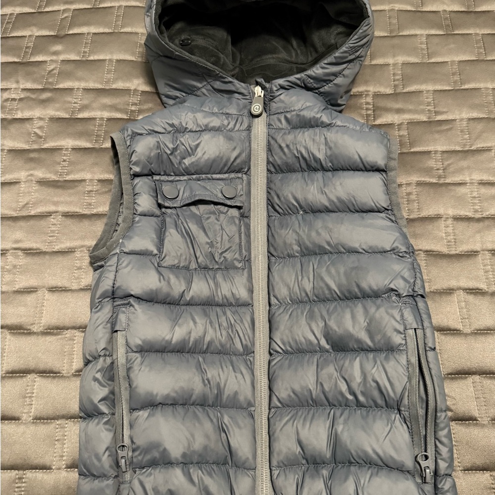 Gray Sleeveless Puffer Vest with Hood and Quilted Design